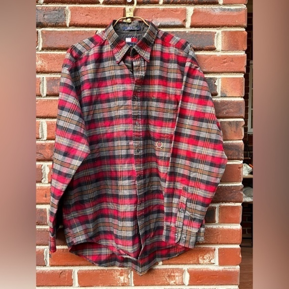 Tommy Hilfiger Black Gray Red Plaid Check Button Down Shirt Men’s - Picture 2 of 14